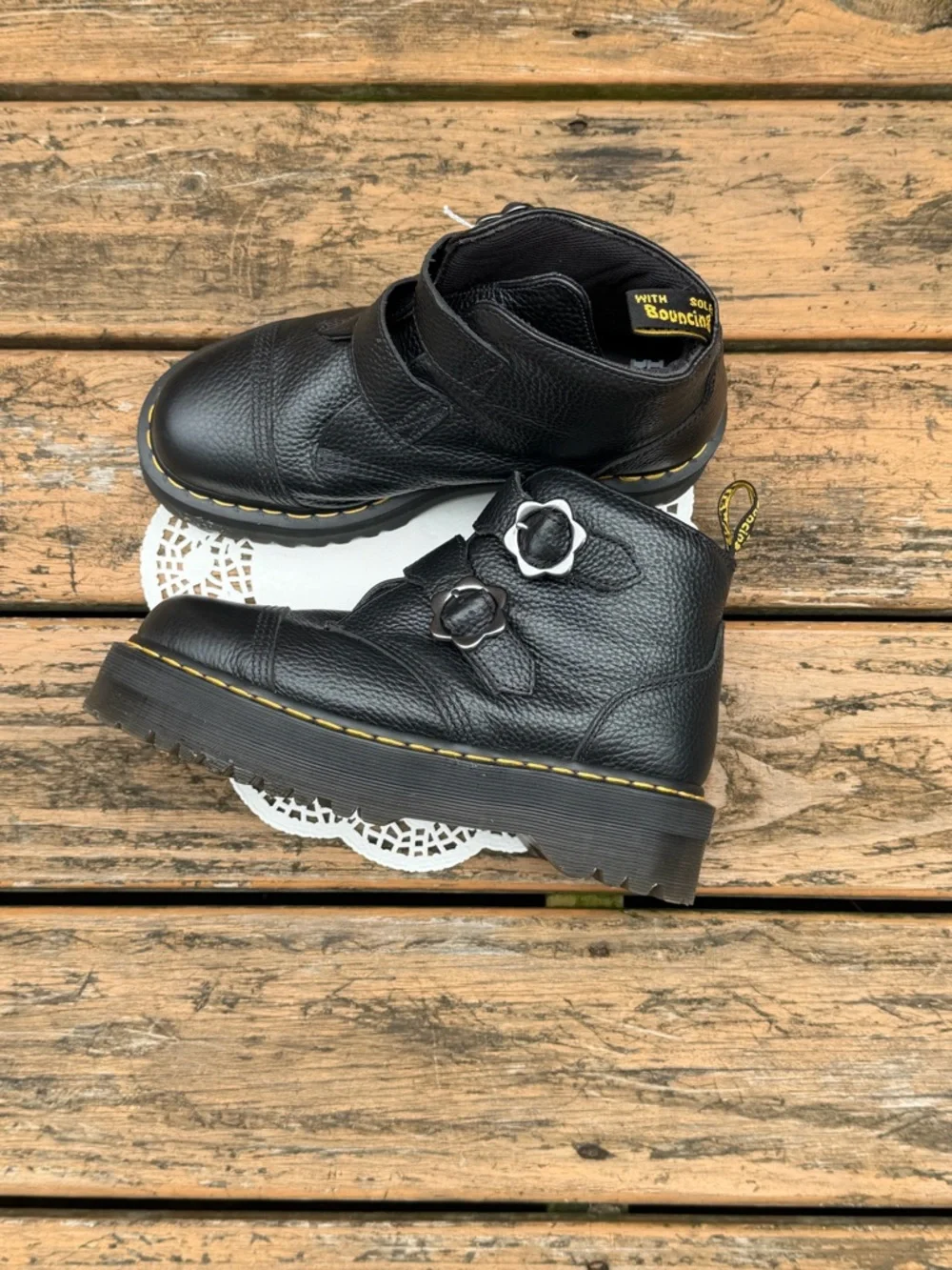Dr. Martens Black Leather Buckle Ankle Boots with Yellow Tag